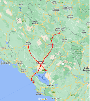 Map of rail lines in Montenegro. Google Maps 7/2023