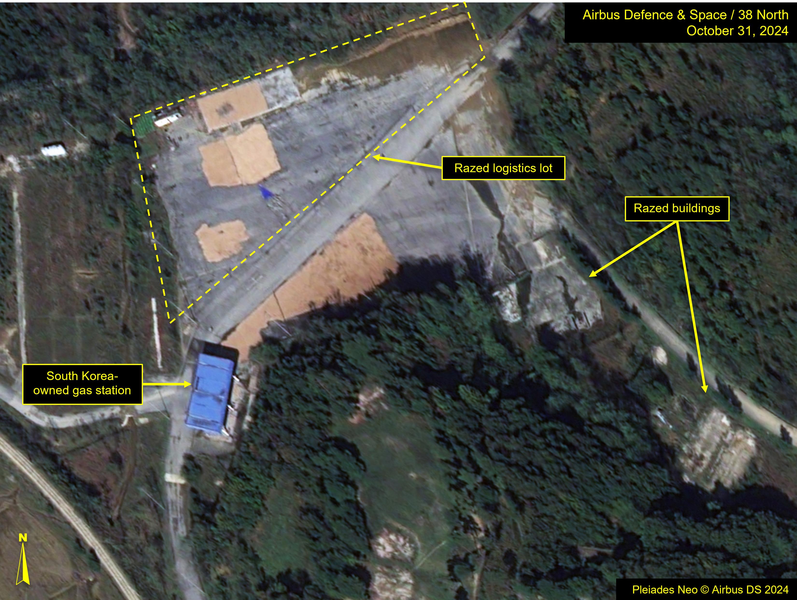 Figure 11. Imagery from October 2024 shows the canopy atop the South Korean gas station remains in tact, while other nearby facilities have been razed or are not in use.